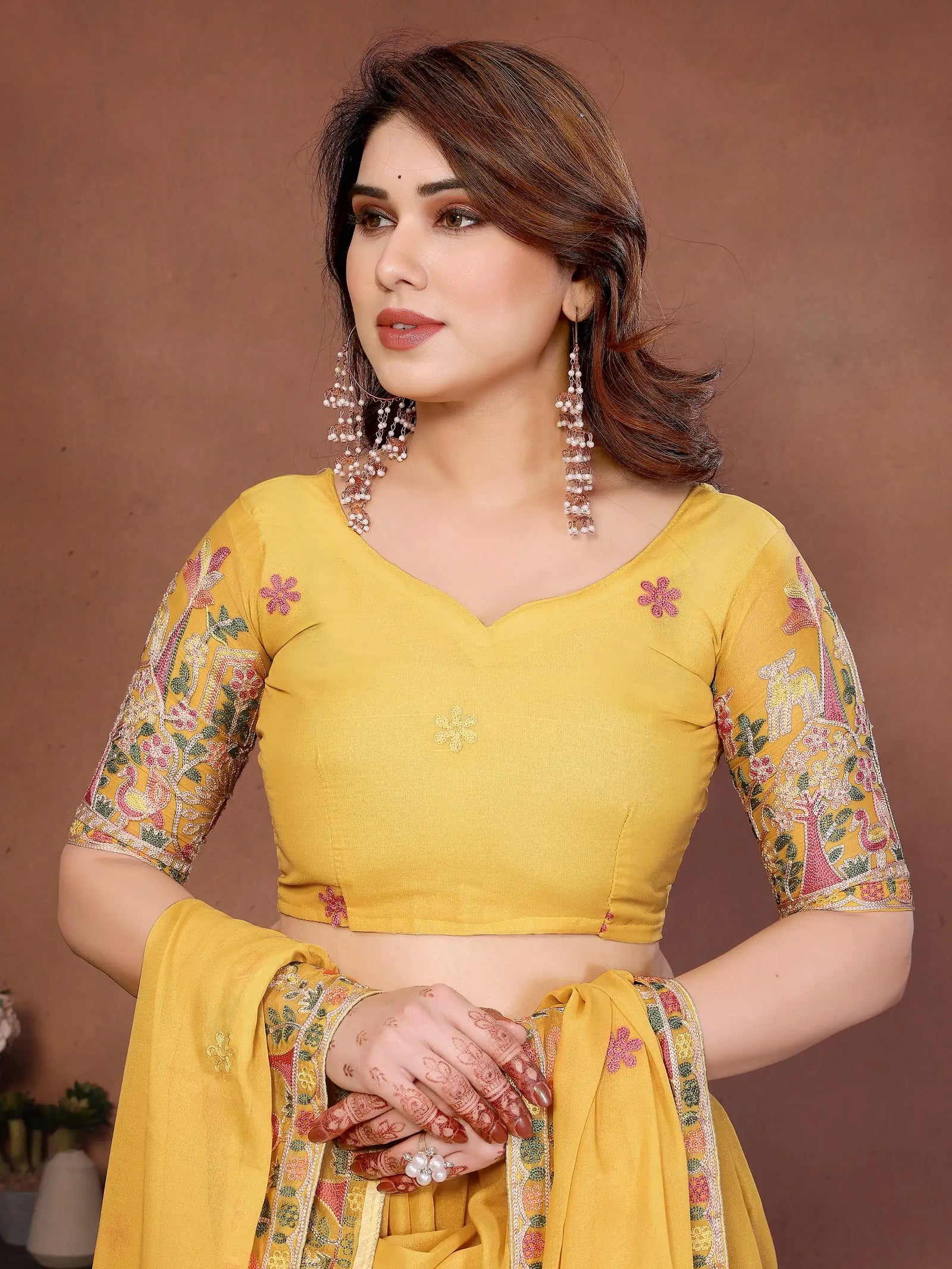 Yellow Star Georgette Lehenga back open choli Pichwai border hem – Kalyanja KL171