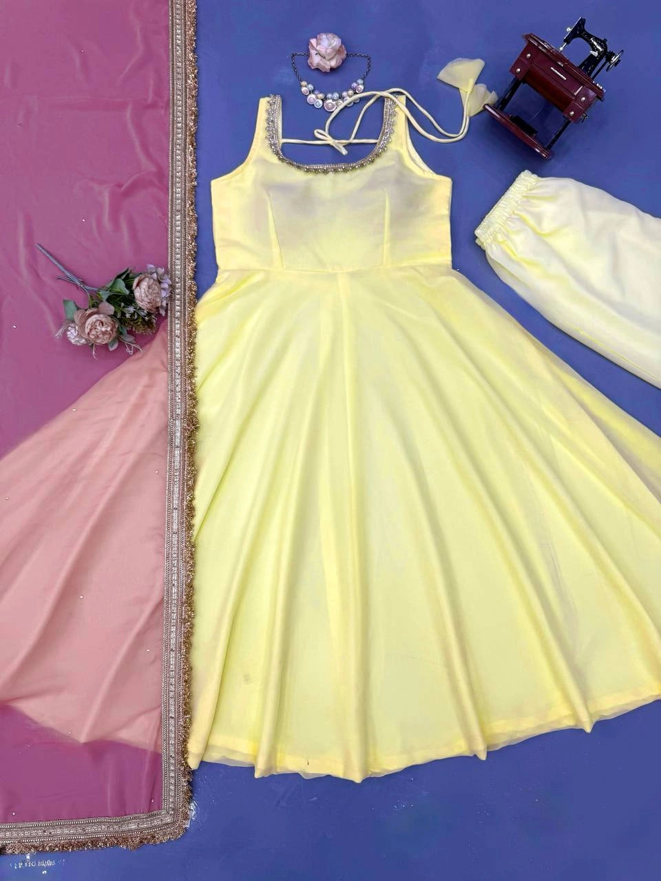 Yellow Anarkali Suit flat lay front neckline lace work close-up – Kalyanja KU294