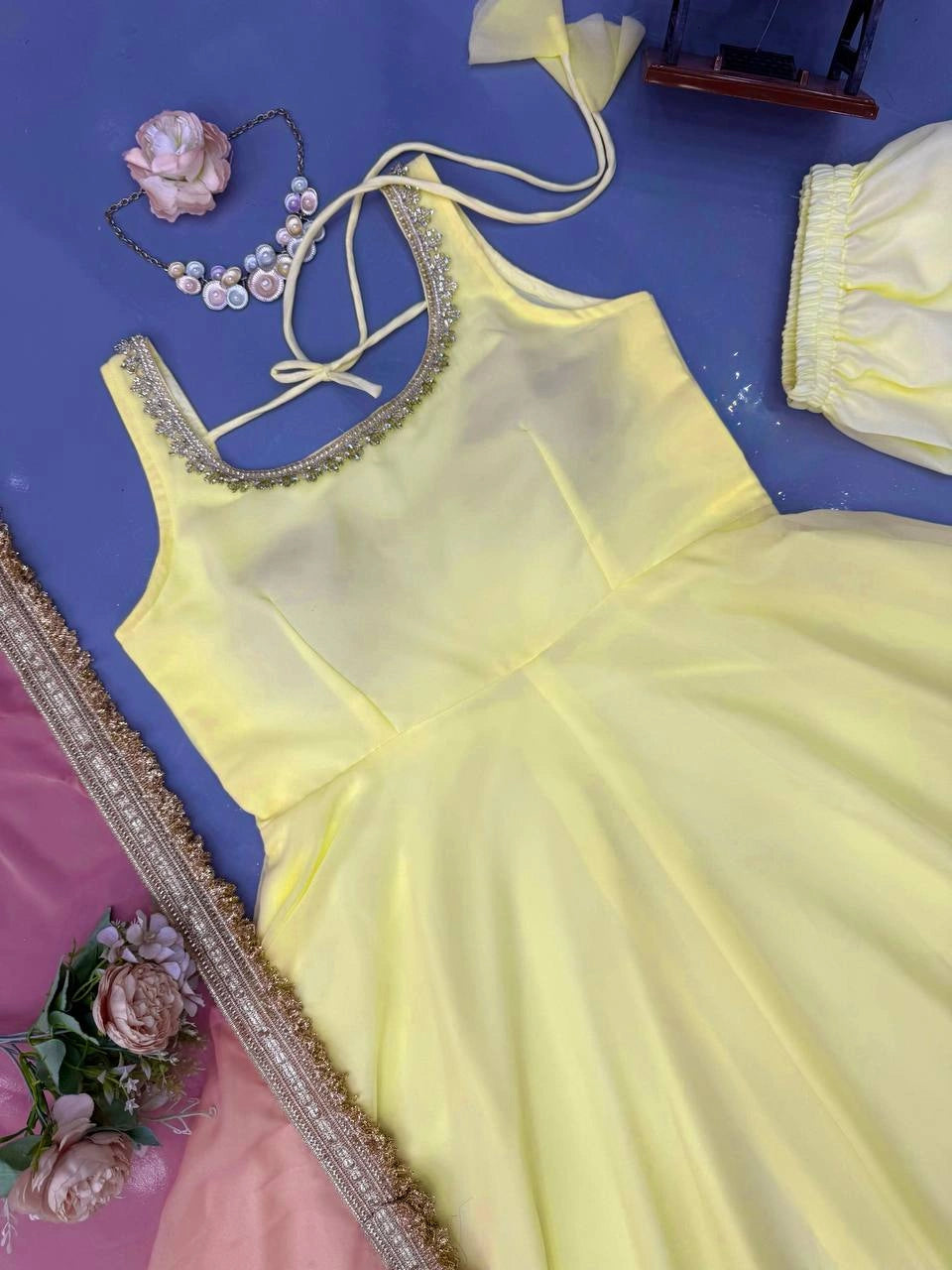 Yellow Anarkali Suit flat lay pink dupatta lace border detail – Kalyanja KU294