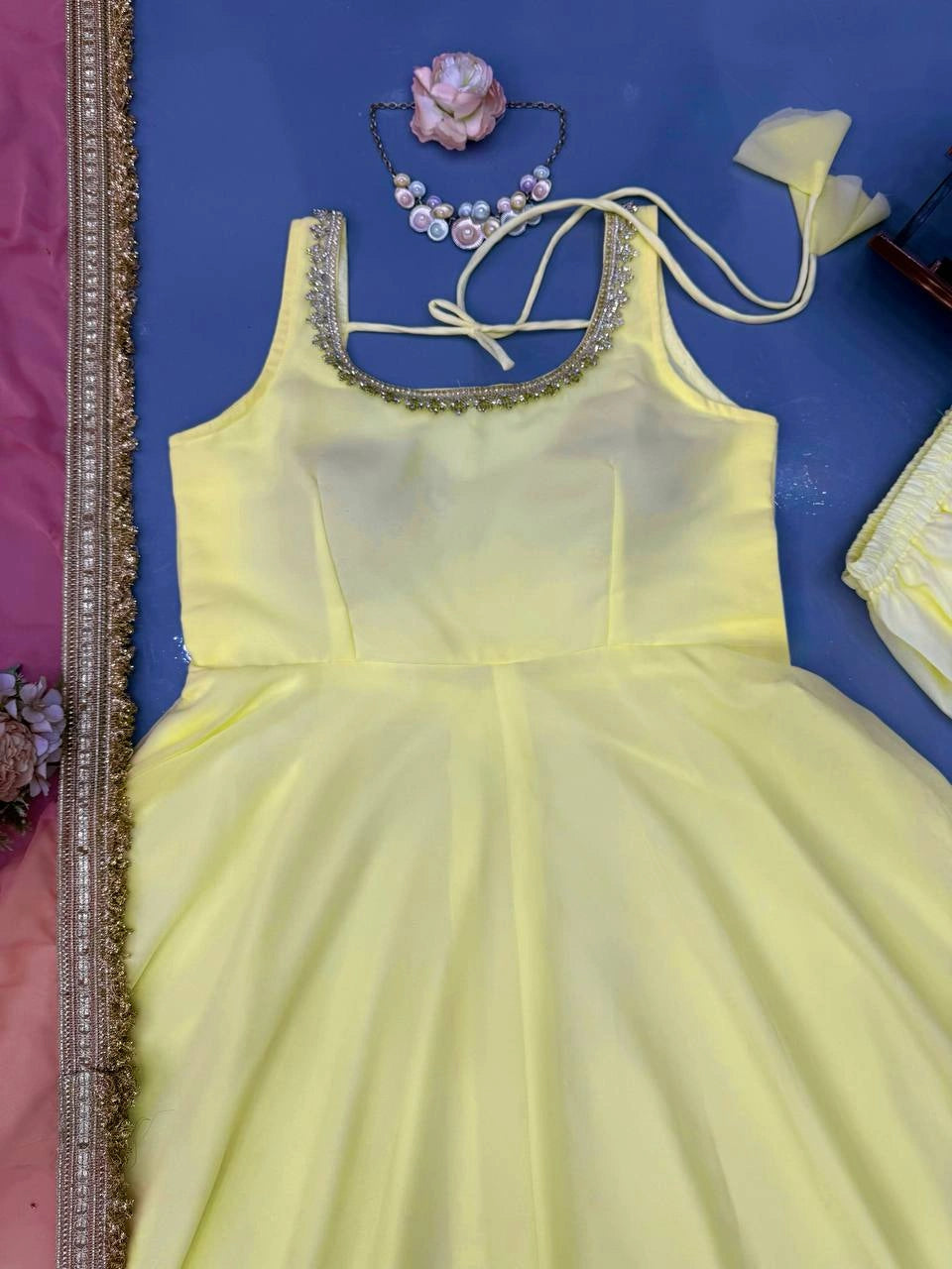 Yellow Fancy Lace Work Anarkali Suit flat lay full product view – Kalyanja KU294