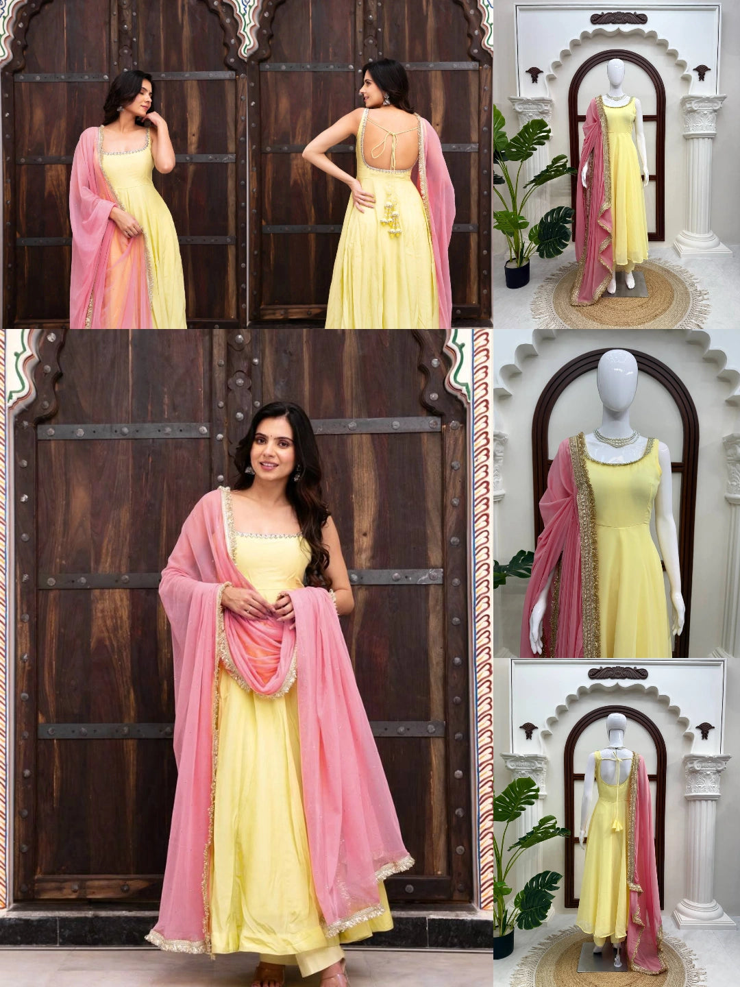 Yellow Fancy Lace Work Anarkali Suit catalog collage – Kalyanja KU294