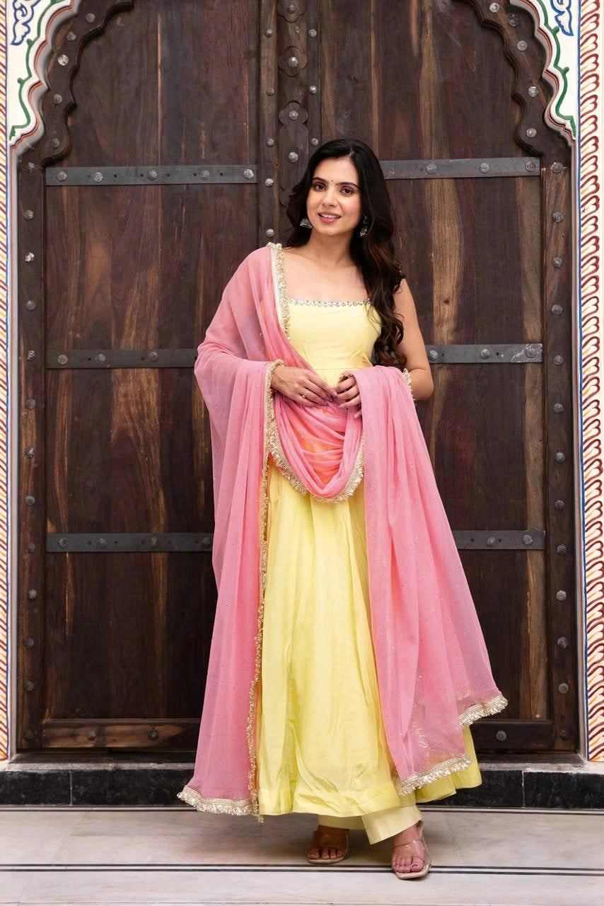 Yellow Fancy Lace Work Anarkali Suit front full-length model with pink dupatta – Kalyanja KU294