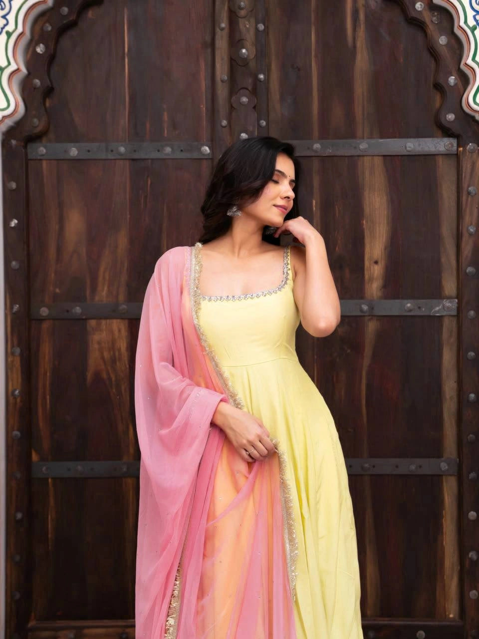 Yellow Fancy Lace Work Anarkali Suit close-up smiling square neckline – Kalyanja KU294