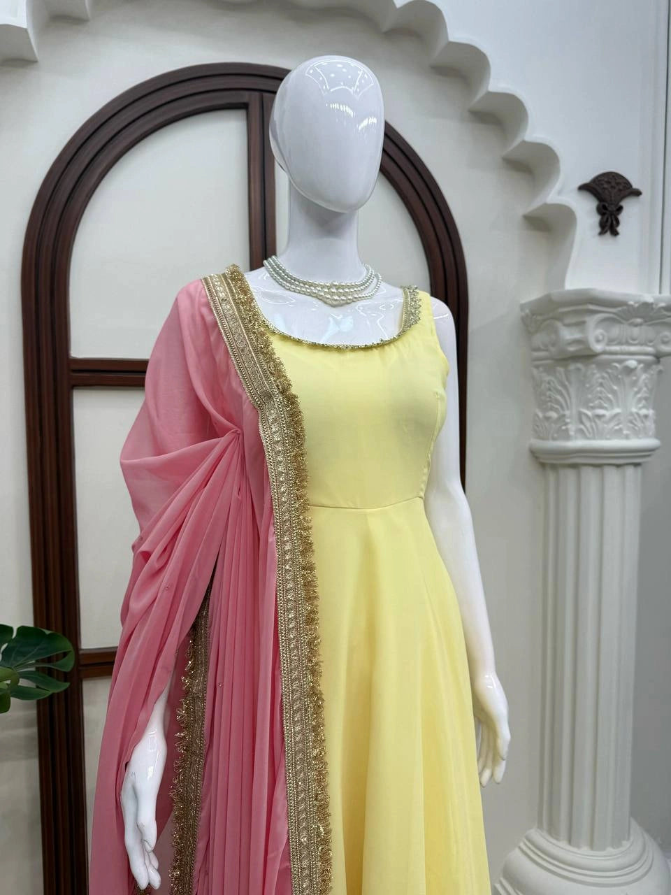 Yellow Anarkali Suit mannequin close-up with rose-pink lace border dupatta – Kalyanja KU294