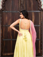 Yellow Fancy Lace Work Anarkali Suit model back view deep open back with tie-up straps – Kalyanja KU294
