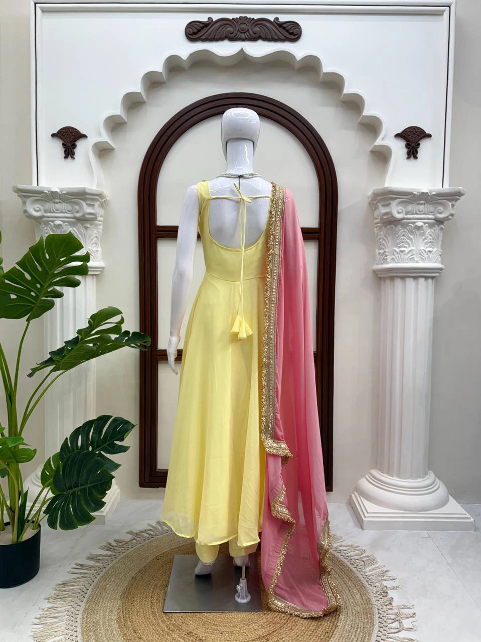 Yellow Fancy Lace Work Anarkali Suit mannequin back view open back – Kalyanja KU294