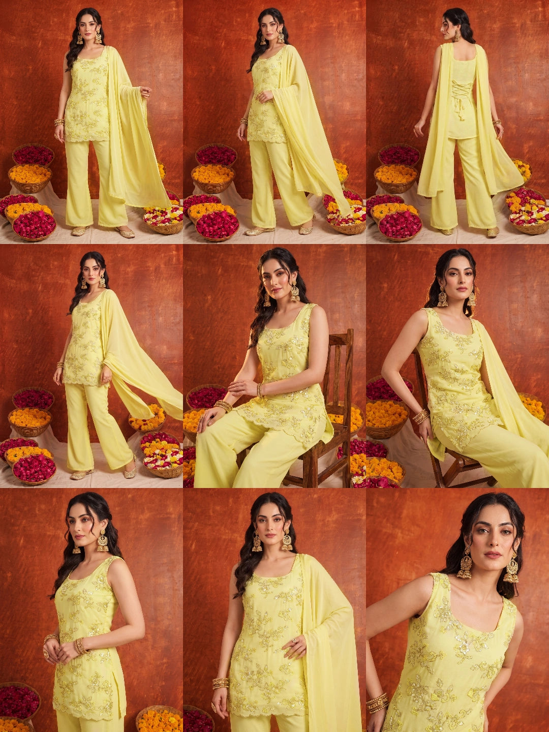 Yellow Palazzo Suit KU318 all angles