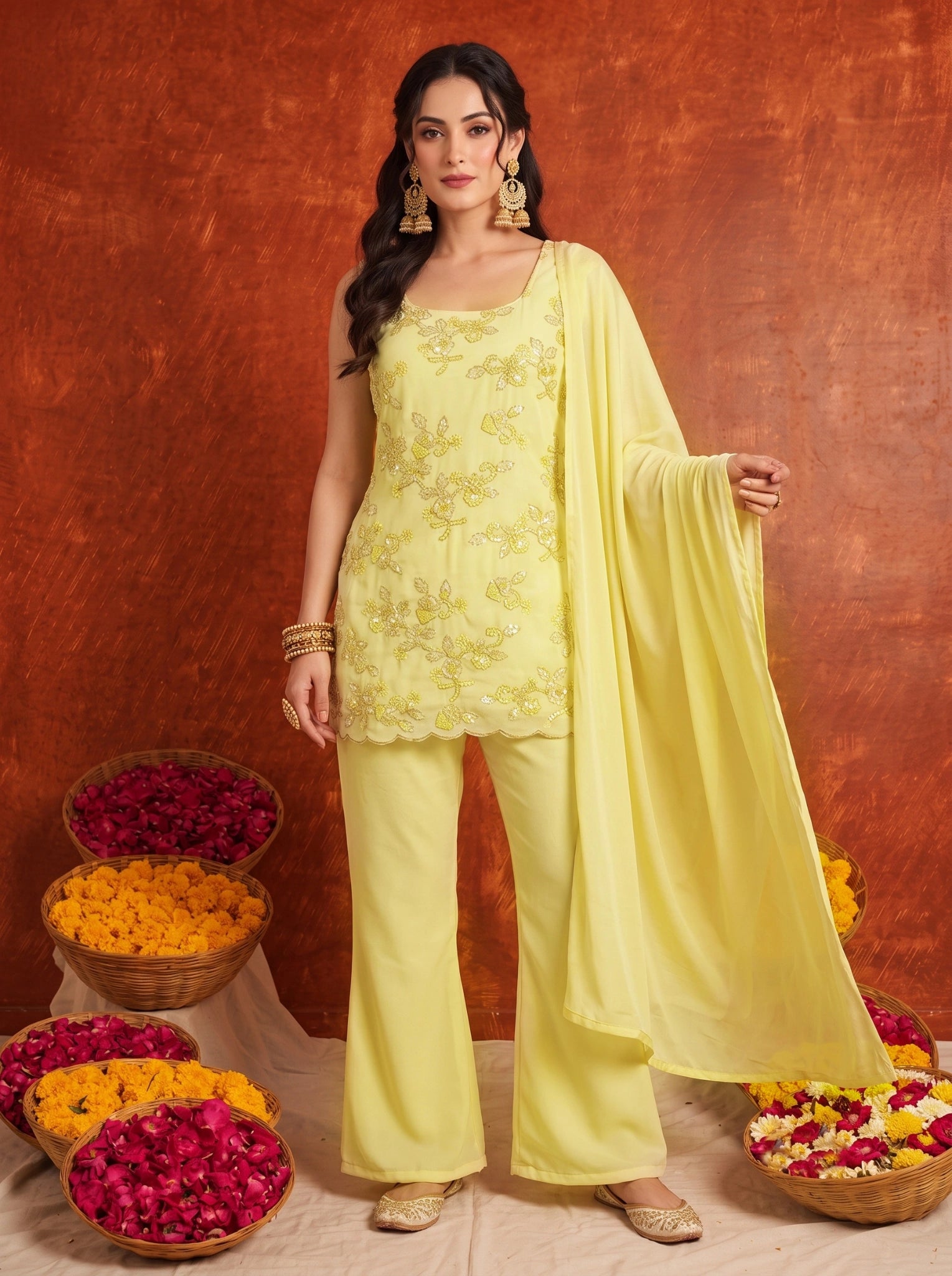 Yellow Floral Embroidered Palazzo Suit KU318 front view