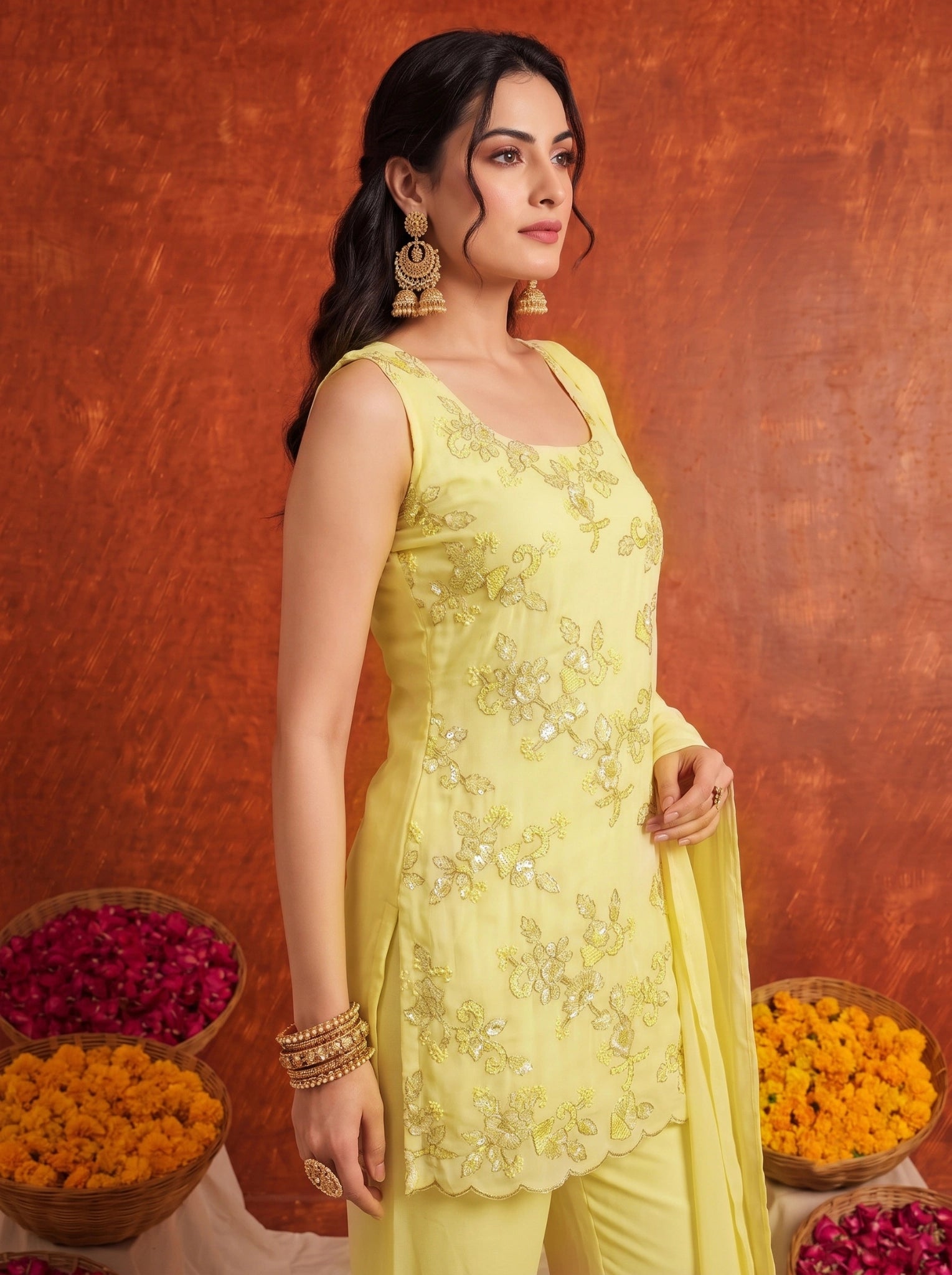 Yellow Floral Thread Work Suit KU318
