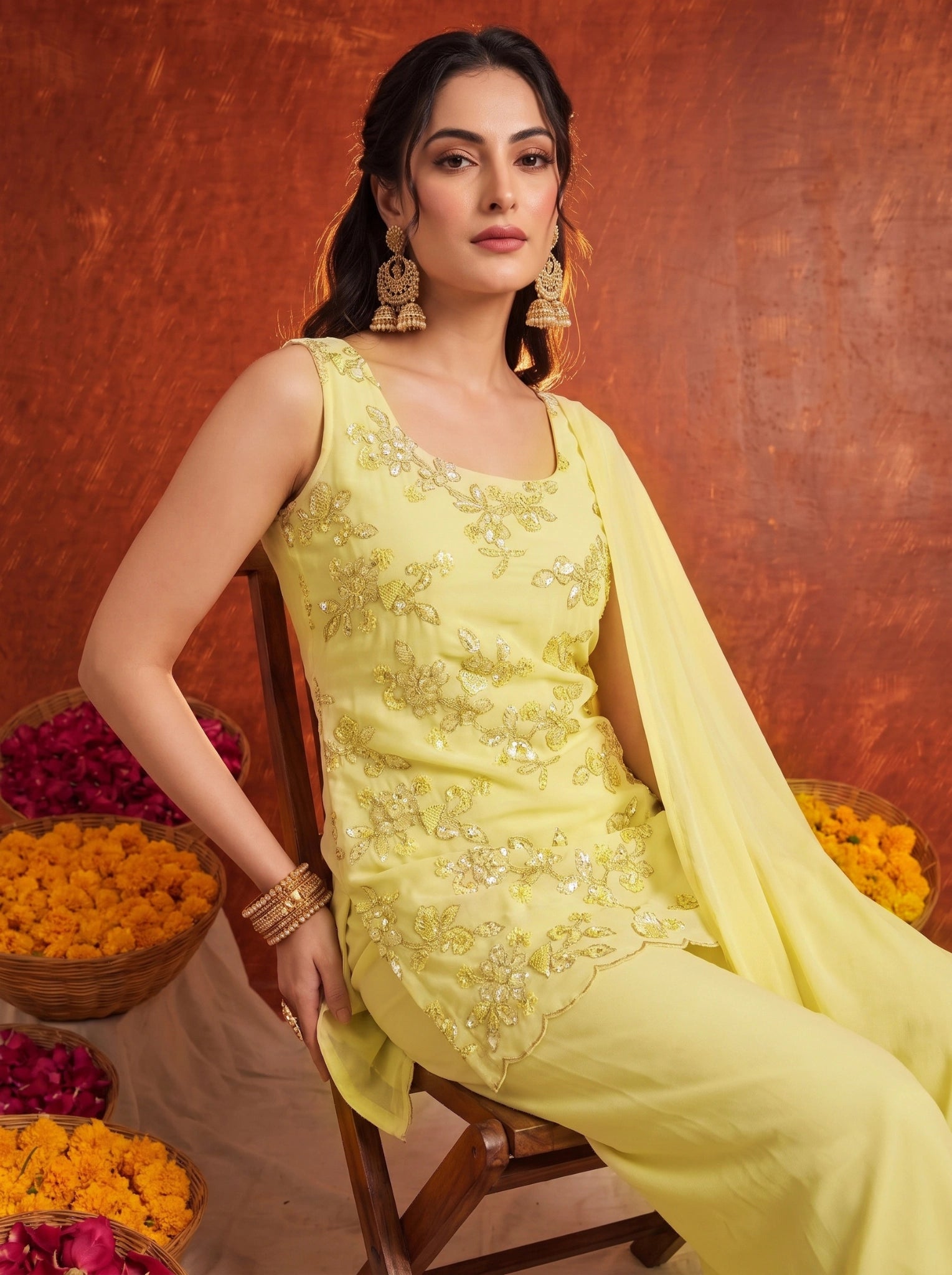 Yellow Palazzo Suit KU318 seated