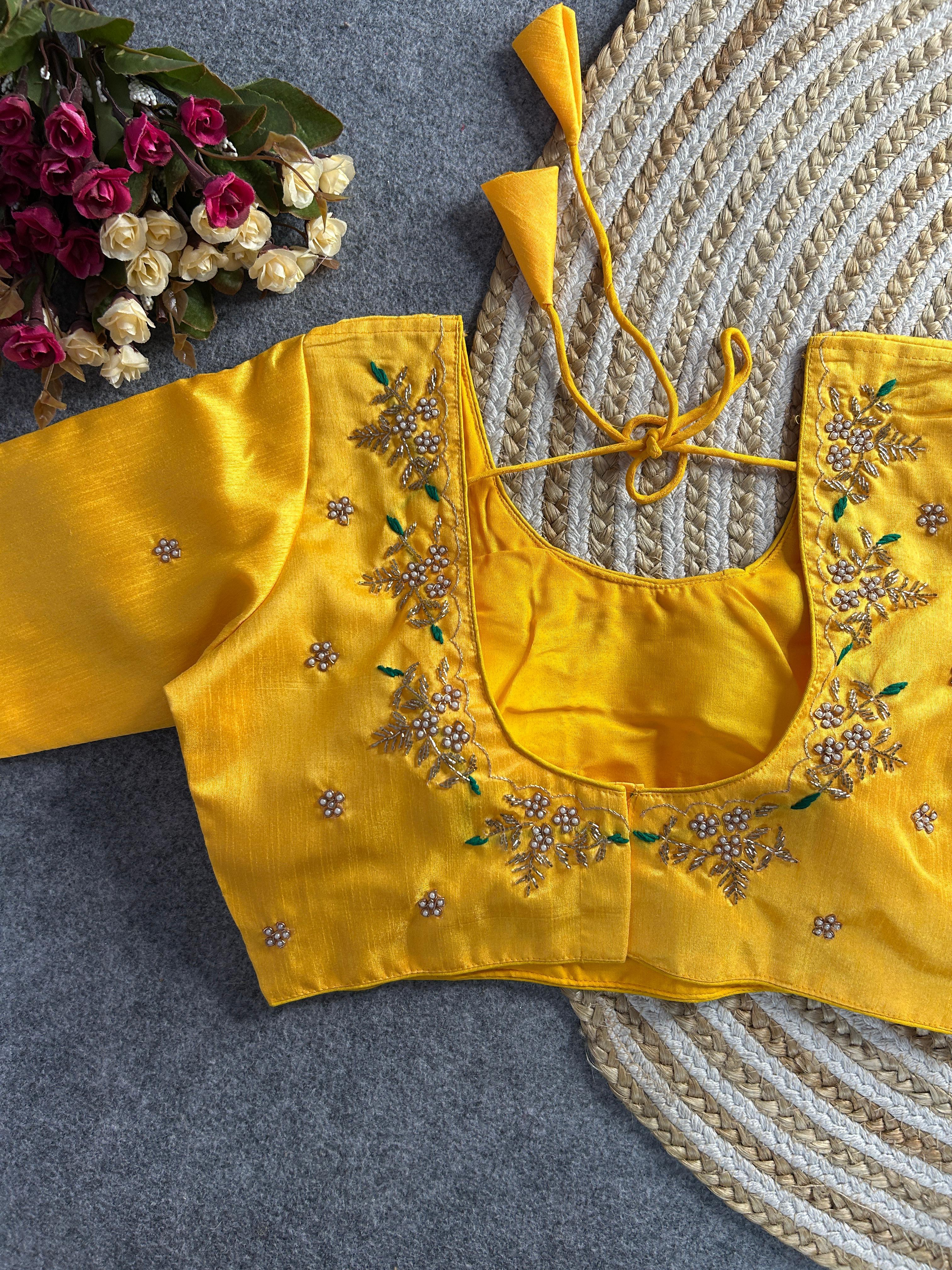 Yellow floral embroidery Banglori silk blouse with intricate design, perfect for traditional and festive occasions.