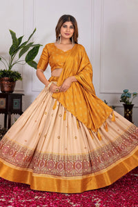 Yellow Floral Print with Foil Work Lehenga – Tussar Silk Blend, Festive Party
