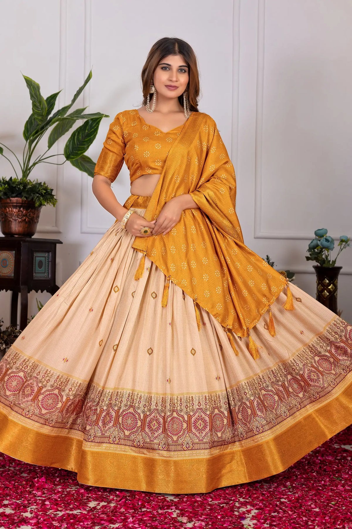 Yellow Floral Print with Foil Work Lehenga front view – Kalyanja KL162