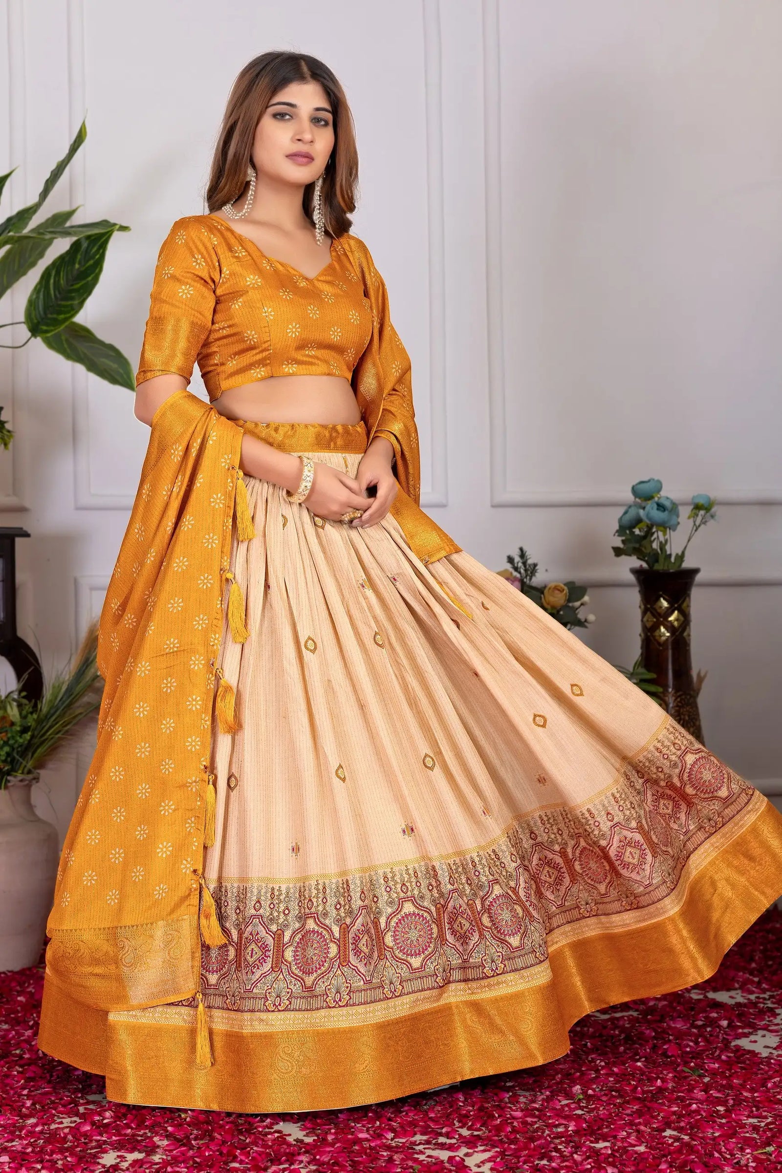 Yellow Tussar Silk Blend Lehenga angled pose with dupatta – Kalyanja KL162