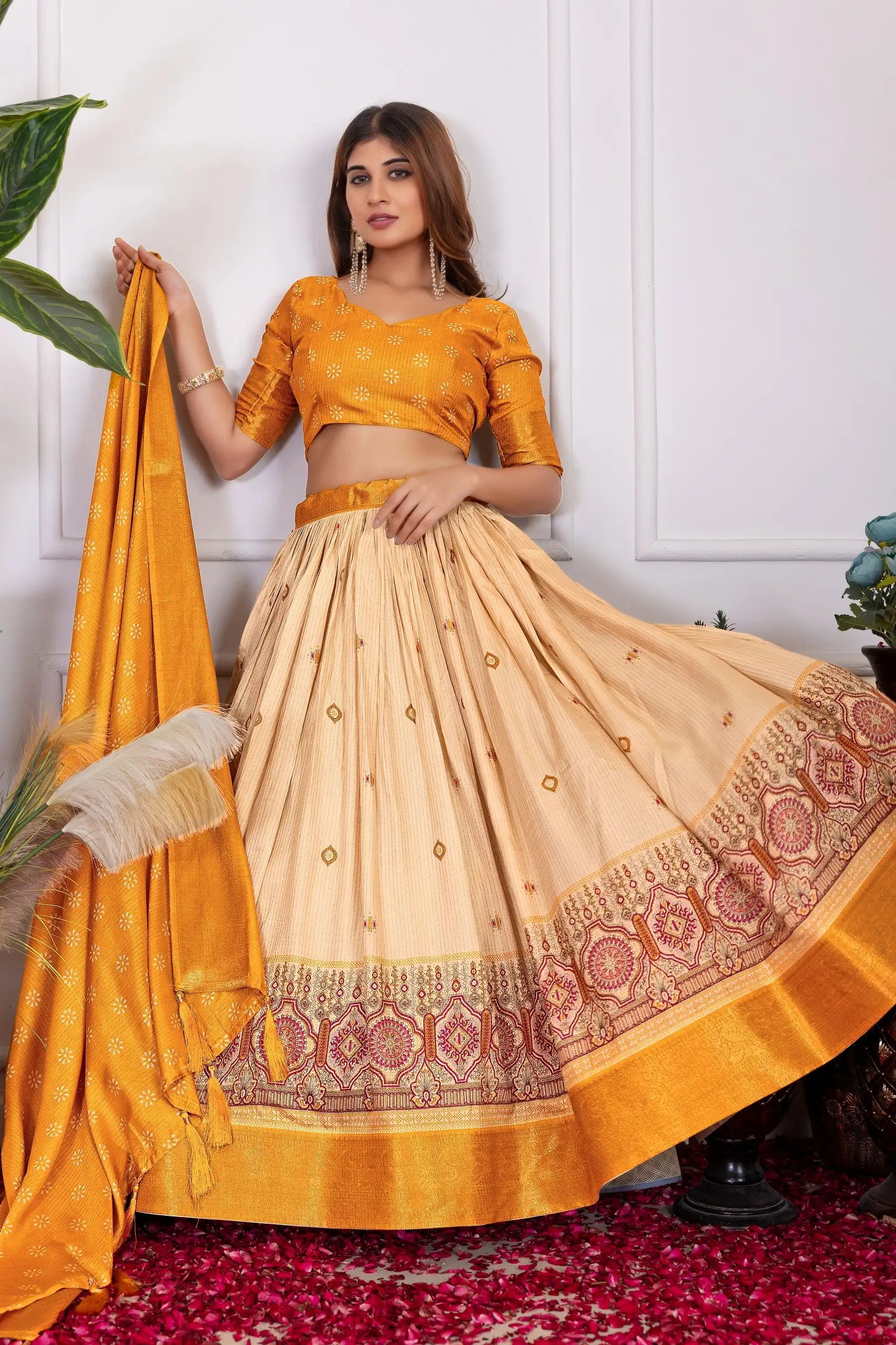 Yellow Floral Foil Work Lehenga flared skirt view – Kalyanja KL162