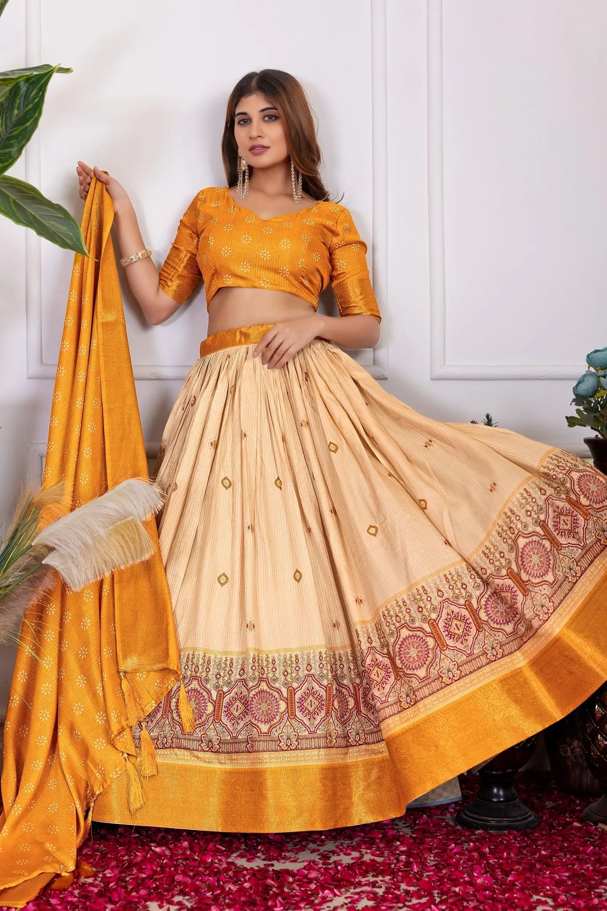 Yellow Floral Foil Work Lehenga flared skirt view – Kalyanja KL162