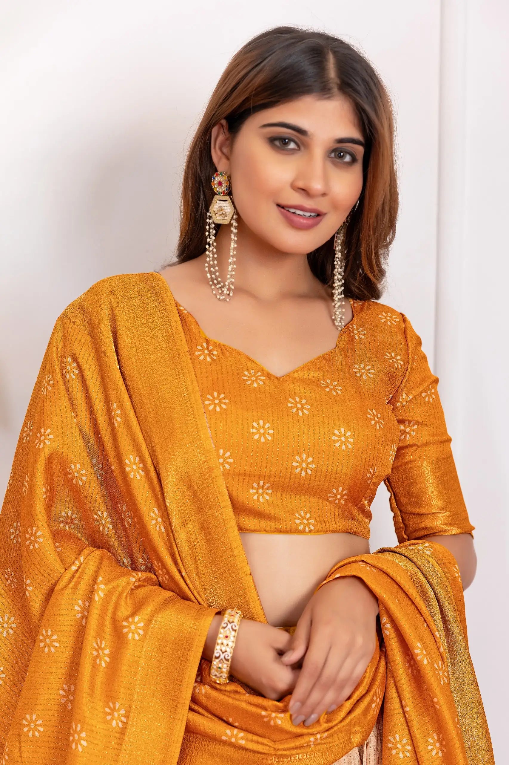 Yellow Floral Foil Work Lehenga choli V-neck close-up – Kalyanja KL162