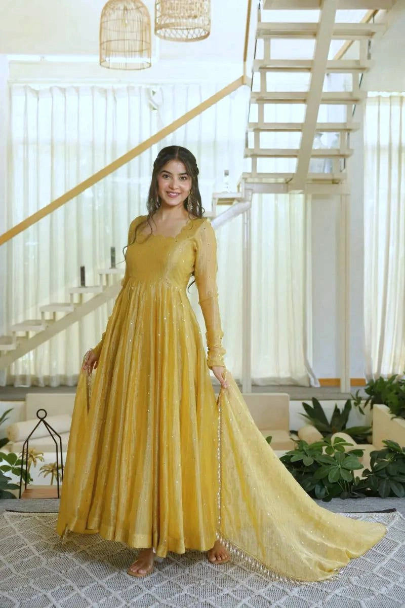 Yellow Foil Work Anarkali Suit front full-length model smiling – Kalyanja KU292