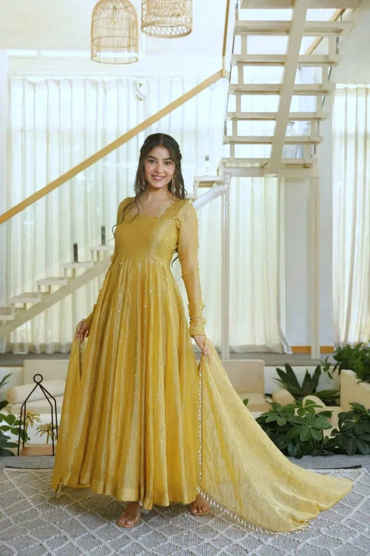 Yellow Foil Work Anarkali Suit front full-length model smiling – Kalyanja KU292