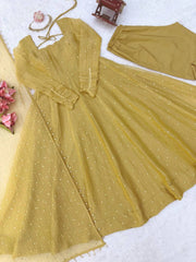 Yellow Foil Work Anarkali Suit flat lay full set detail – Kalyanja KU292