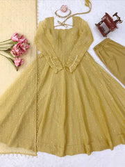 Yellow Foil Work Anarkali Suit flat lay with Straight Pant – Kalyanja KU292