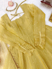 Yellow Foil Work Anarkali Suit flat lay ruffle cuff detail – Kalyanja KU292