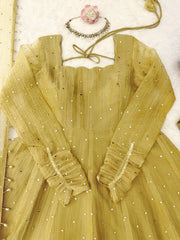 Yellow Foil Work Anarkali Suit flat lay Square Neck neckline close-up – Kalyanja KU292