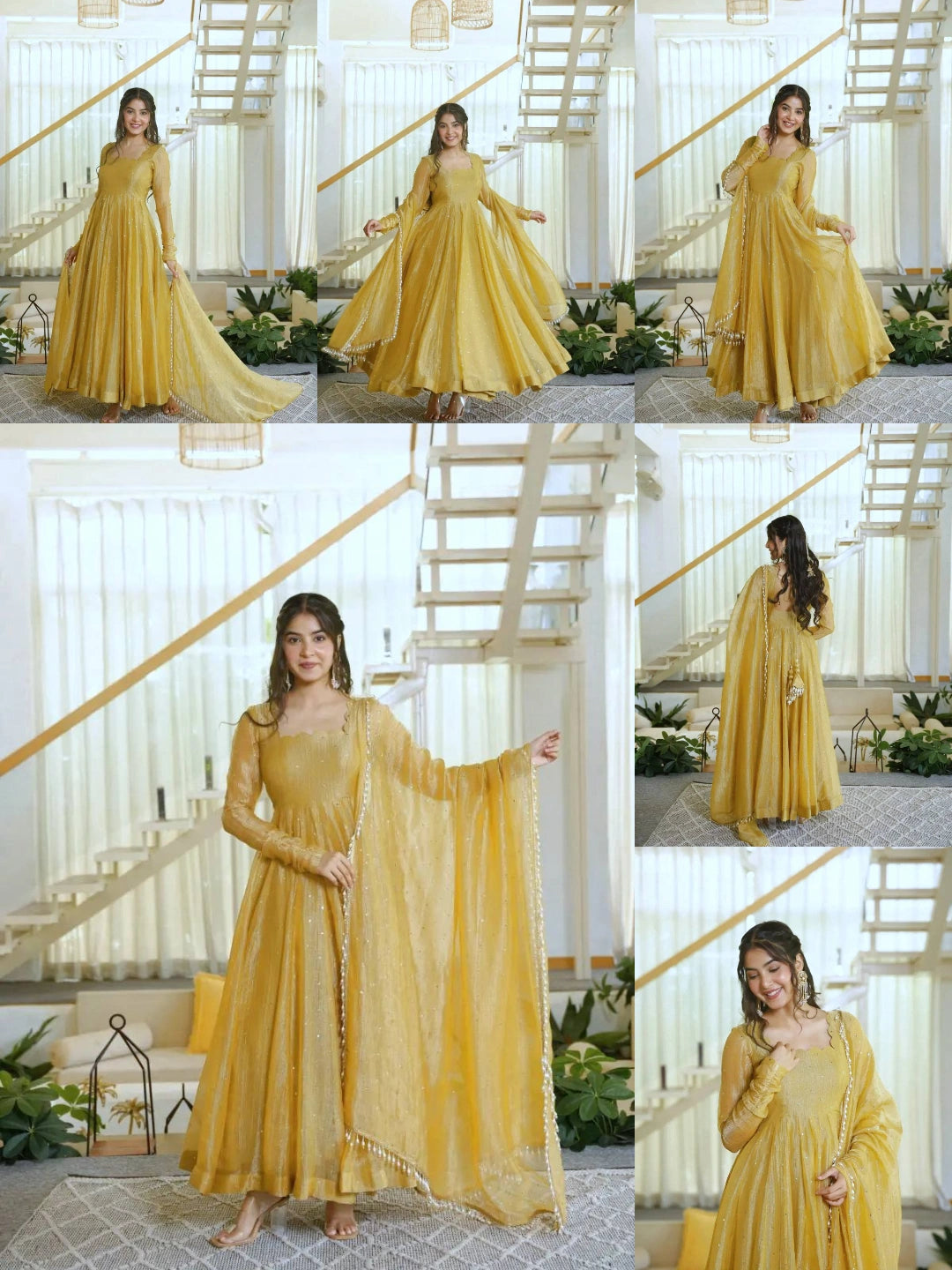 Yellow Foil Work Anarkali Suit catalog collage – Kalyanja KU292