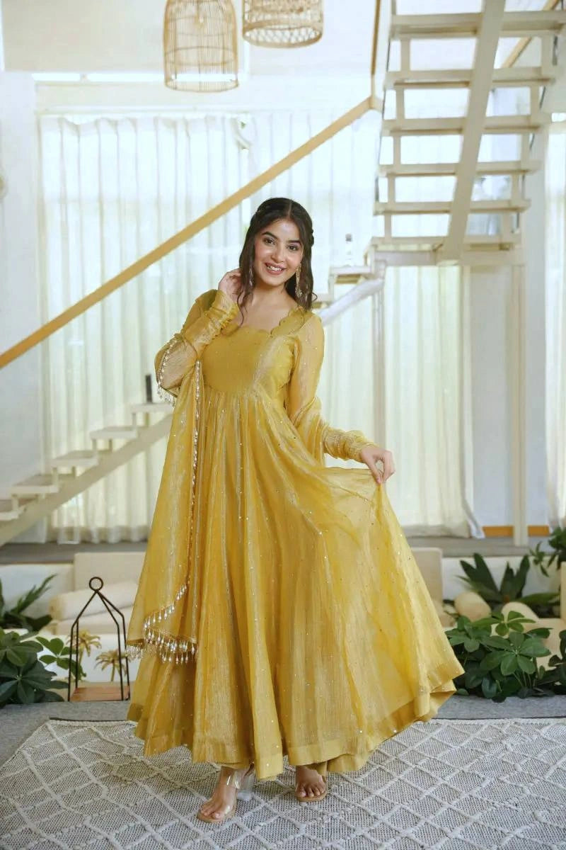 Yellow Foil Work Anarkali Suit front with dupatta model – Kalyanja KU292