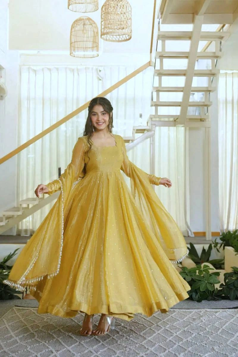 Yellow Foil Work Anarkali Suit dramatic flare twirl shot – Kalyanja KU292