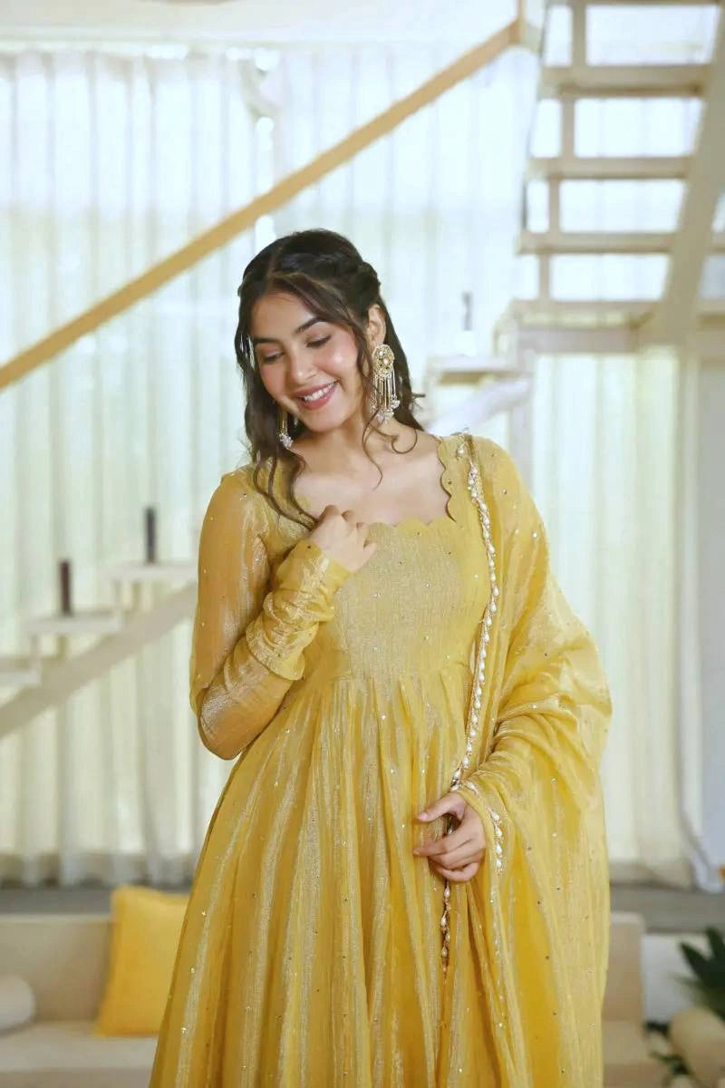 Yellow Foil Work Anarkali Suit close-up smiling Square Neck – Kalyanja KU292