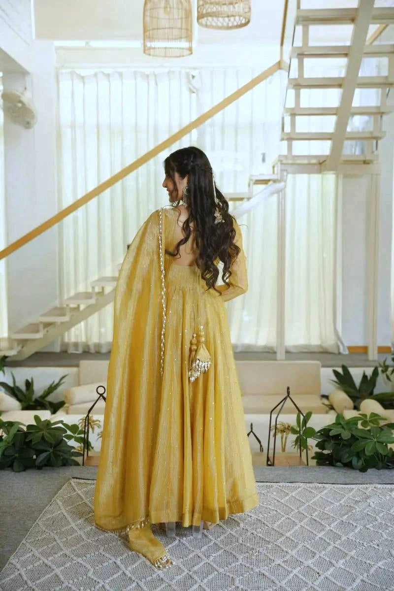 Yellow Foil Work Anarkali Suit back side model with dupatta – Kalyanja KU292