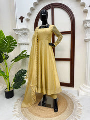 Yellow Foil Work Anarkali Suit mannequin full-length front – Kalyanja KU292