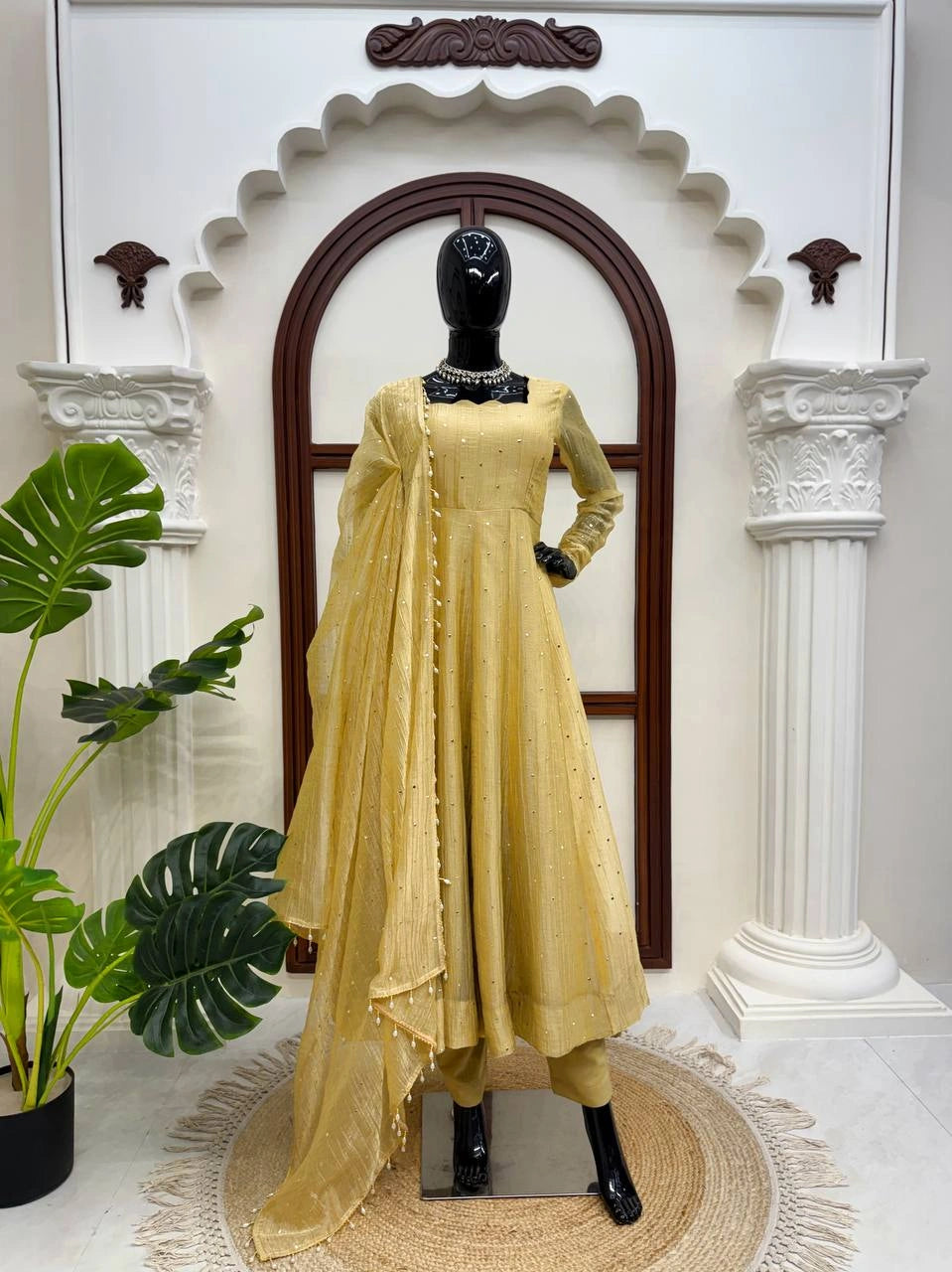 Yellow Foil Work Anarkali Suit mannequin front with Tassel Border dupatta – Kalyanja KU292