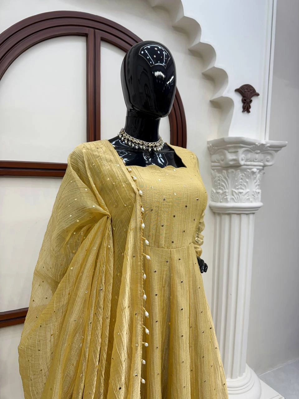Yellow Foil Work Anarkali Suit mannequin close-up Square Neck and foil detail – Kalyanja KU292