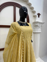 Yellow Foil Work Anarkali Suit mannequin close-up Square Neck and foil detail – Kalyanja KU292