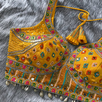Mustard Yellow Embroidery with Mirror Work Soft Italian Silk Blouse