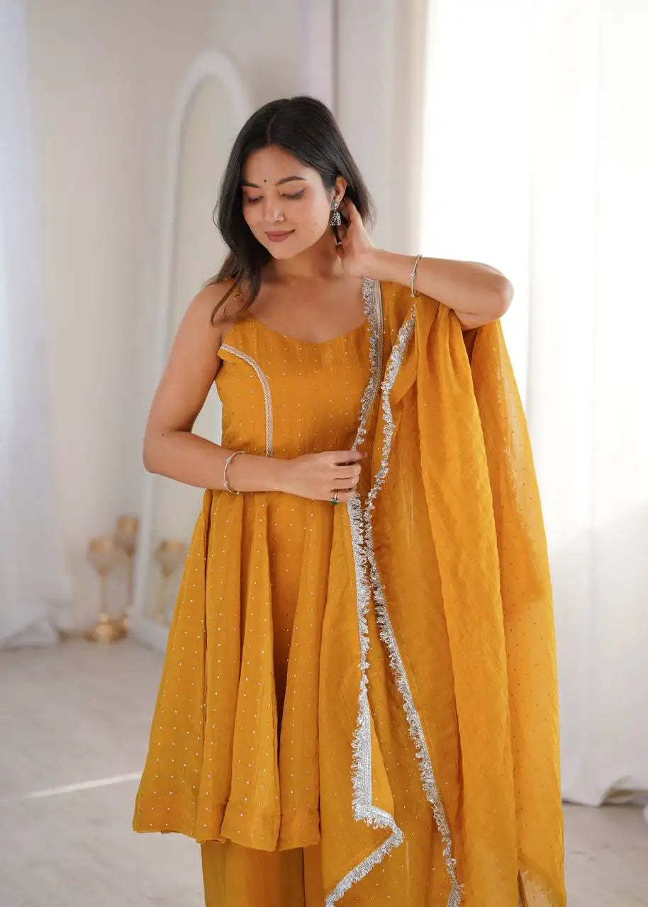 Yellow Jharkhand Work Suit Sharara KU257 front view sleeveless A-line