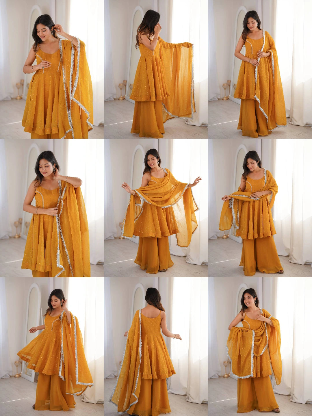Yellow Jharkhand Work Sharara Suit Kalyanja KU257 all angles collage