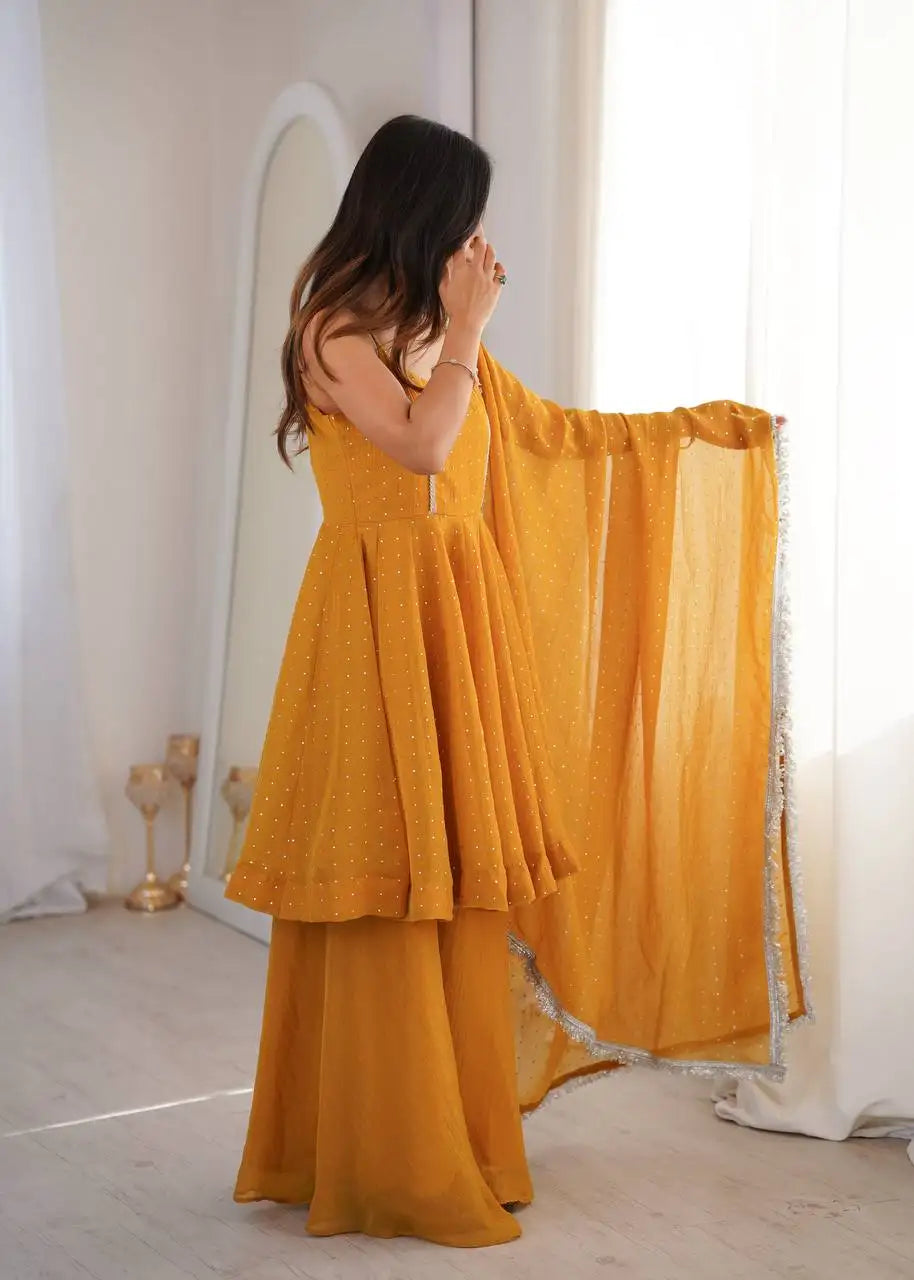 Yellow Crunchy Silk Blend Suit KU257 model candid pose