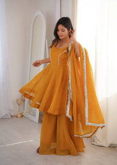 Yellow Jharkhand Work Sharara Suit KU257 model side angle