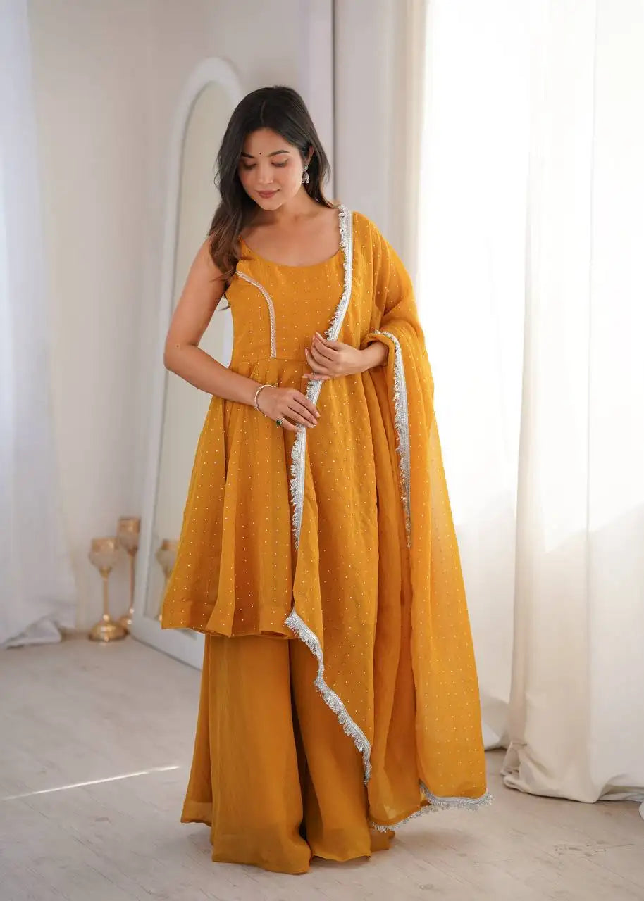 Yellow Jharkhand Work Suit KU257 model dynamic shot A-line flair