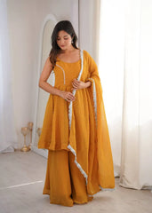 Yellow Jharkhand Work Suit KU257 model dynamic shot A-line flair