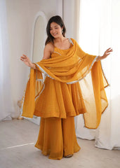Yellow Crunchy Silk Sharara Suit Kalyanja KU257 model with dupatta