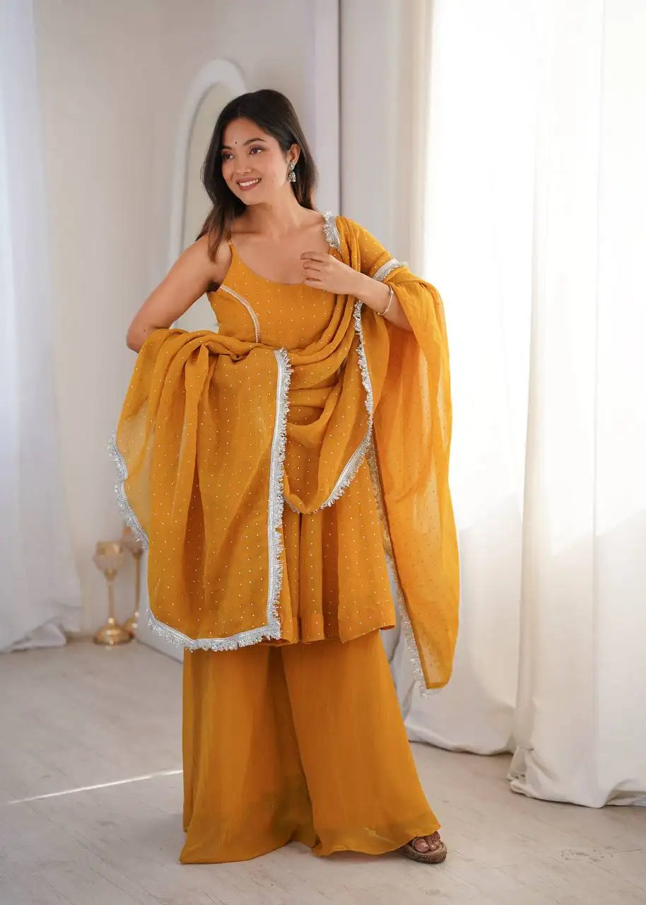 Yellow Jharkhand Work Sharara Suit KU257 model close-up pose