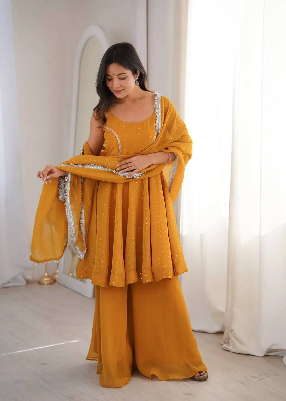 Yellow Crunchy Silk Suit KU257 model candid festive shot