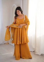 Yellow Crunchy Silk Suit KU257 model candid festive shot