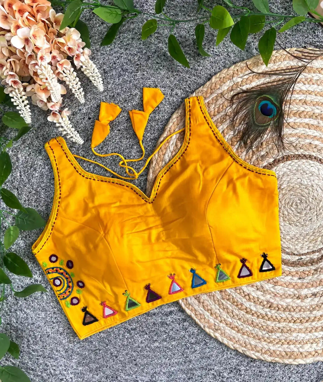 Yellow Cotton Blend Multi Thread Mirror Work Blouse – Flat Lay