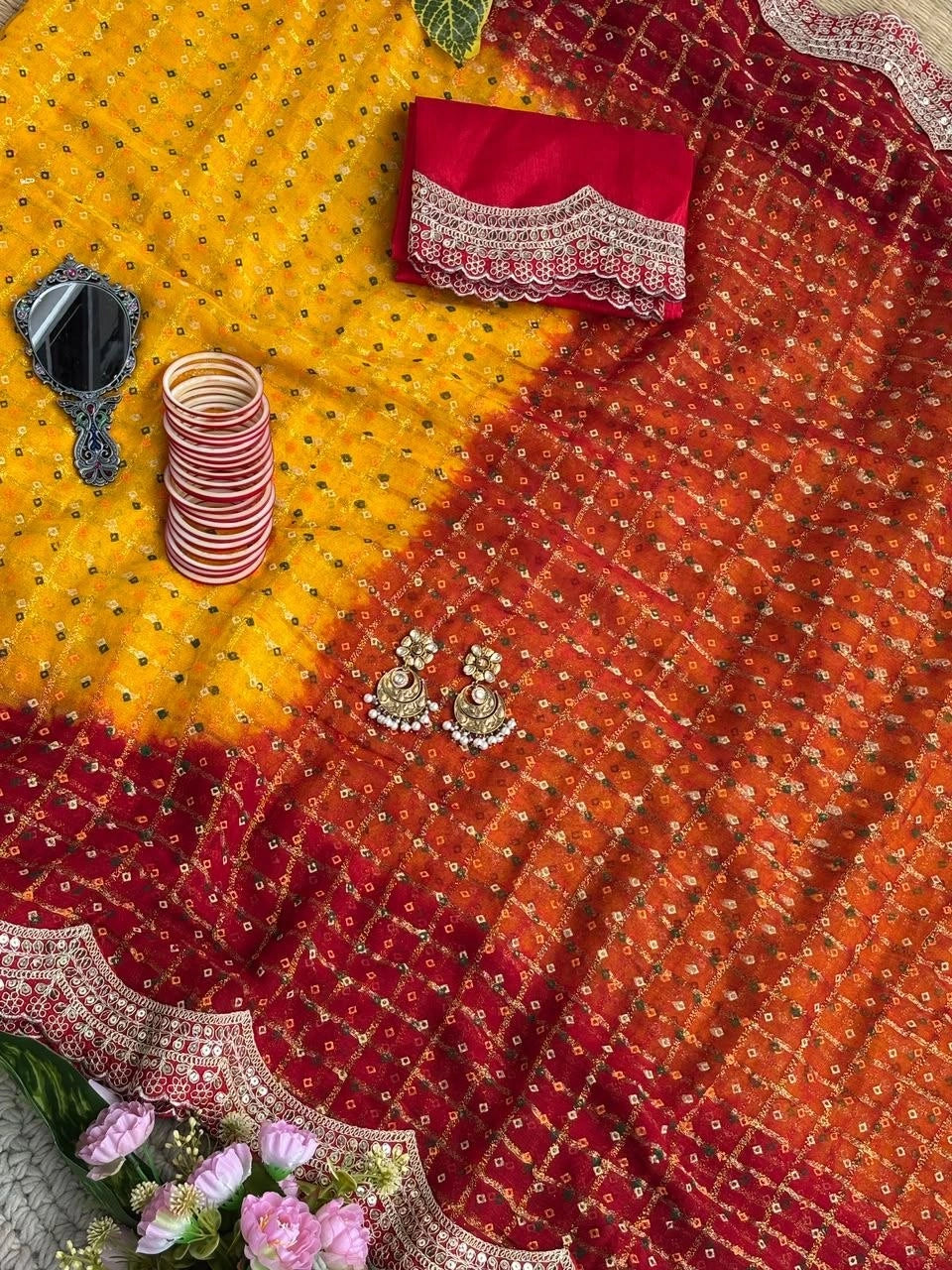 Yellow Bandhani Style Saree with Cutwork Sequins Border KS402