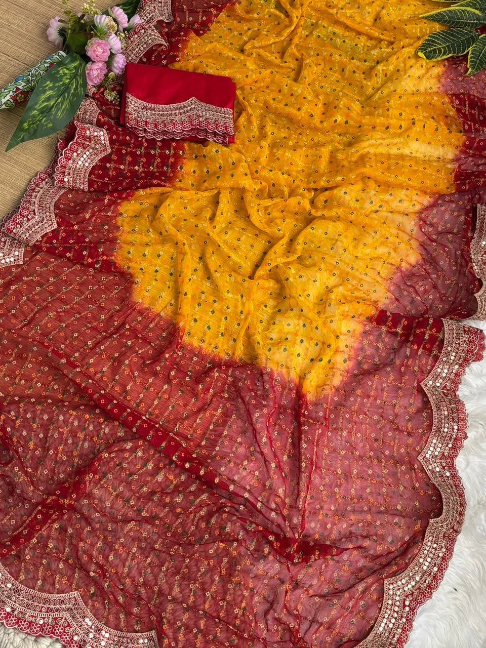 Yellow Printed Butti Saree Sequins Cutwork Border – Full Flat Lay Kalyanja KS402